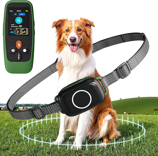 4-in-1 Wireless Dog Fence System Electric Dog Fence with Training Collar & Anti-Bark Collar | Real-Time Pet Status Display | Portable Waterproof Outdoor Pet Containment System