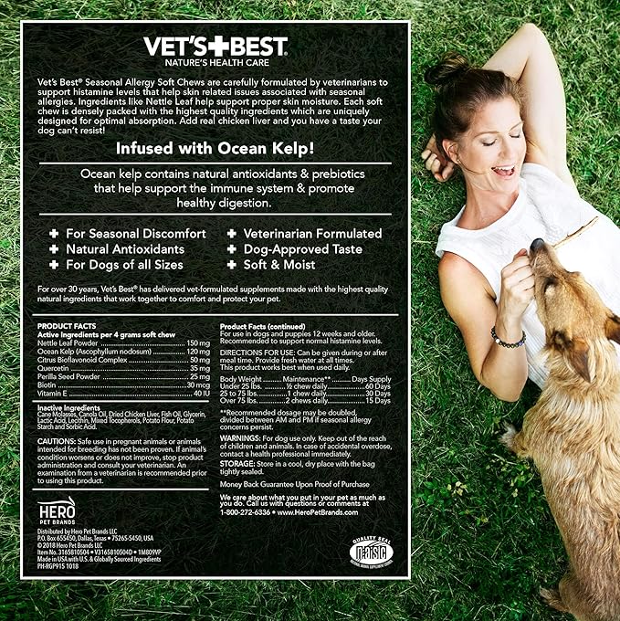 Vet's Best Seasonal Allergy Soft Chew Dog Supplements, Soothes Dogs Skin Irritation Due to Seasonal Allergies, 30 Day Supply