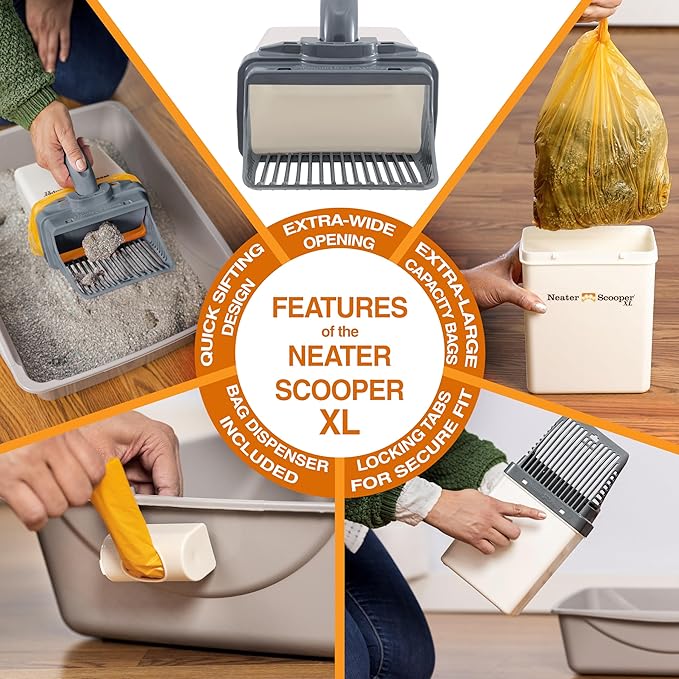 Neater Pet Brands Neater Scooper XL Cat Litter Scoop, 60 Refill Bags – Extra-Large Capacity Mess-Free Cat Litter Scooper with Bag for Large & Multiple Cats, Spill-Proof Litter Box Scooper with Holder