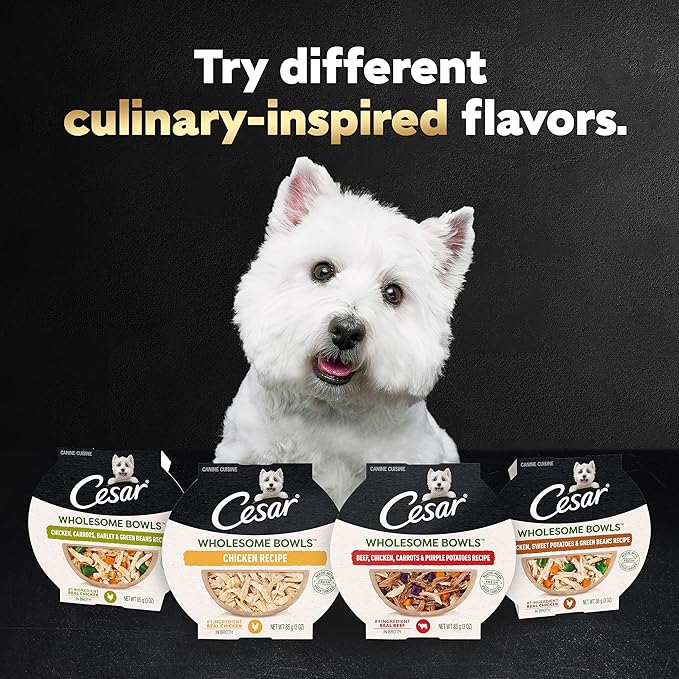 Cesar Wholesome Bowls Adult Wet Dog Food, Beef, Chicken, Carrots, Barley & Green Beans Recipe and Chicken, Apple & Sweet Potato Recipe Variety Pack, 3 oz. (6 Count, Pack of 1)