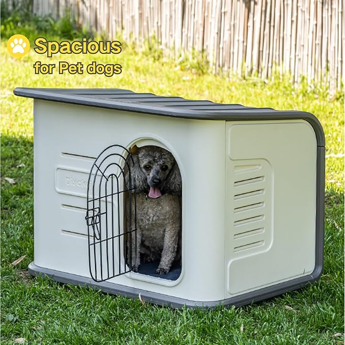 ‌Double-Wall Plastic Dog House Outdoor Indoor,Insulated Double-Reinforced Dog House Waterproof for Small-Medium Dogs,Durable Puppy Shed with Elevated Floor & Air Vents,Easy Install and Clean