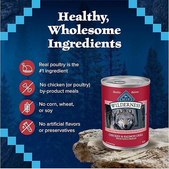 Blue Buffalo Wilderness High Protein Natural Adult Wet Dog Food Plus Wholesome Grains, Chicken & Salmon Grill 12.5-oz Cans (Pack of 12)