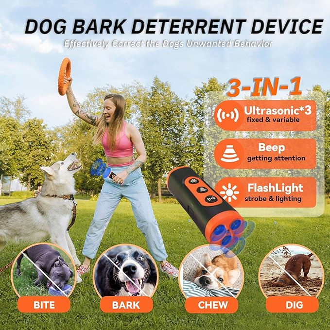 Dog Bark Deterrent Devices - Ultrasonic Anti Barking Device for Dogs, 2025 Upgraded 3 in 1 Dog Bark Deterrent, Rechargeable Sonic Trainer to Correct Dog's Bad Behavior for Outdoors Indoor Safely
