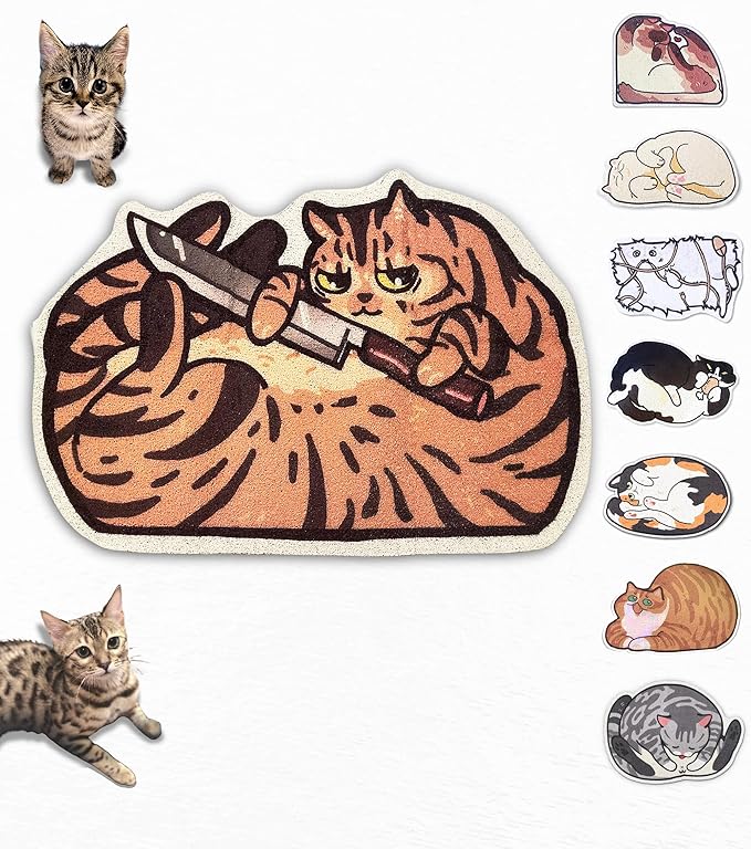 Lukamoo® Cute Cat Litter Mat (30’’x20’’), Large/L, for Kitty Litter & Cute Cat Litter Box, Litter Trapping Mat (Brown Tabby)