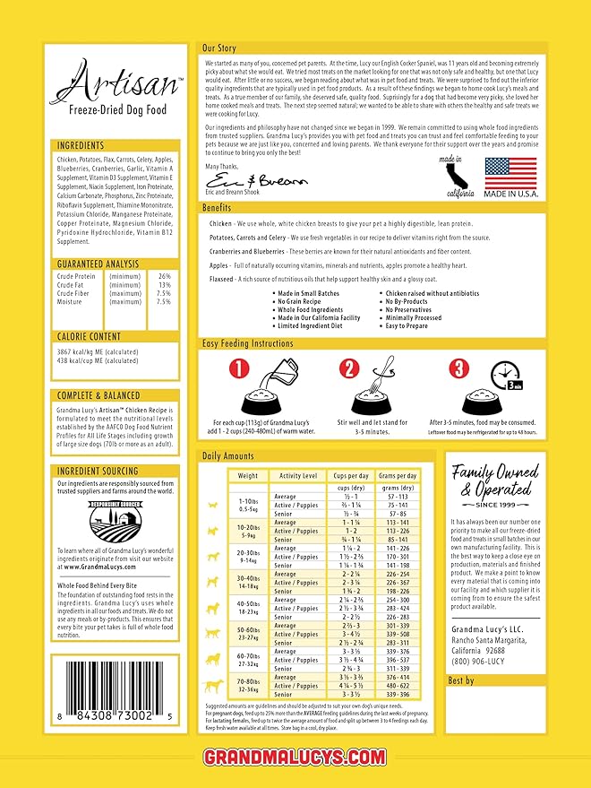 Grandma Lucy's Artisan Dog Food, Grain Free and Freeze-Dried - Artisan Chicken, 1Lb Bag