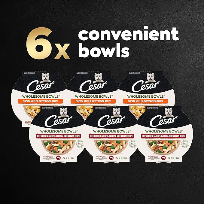 Cesar Wholesome Bowls Adult Wet Dog Food, Beef, Chicken, Carrots, Barley & Green Beans Recipe and Chicken, Apple & Sweet Potato Recipe Variety Pack, 3 oz. (6 Count, Pack of 1)