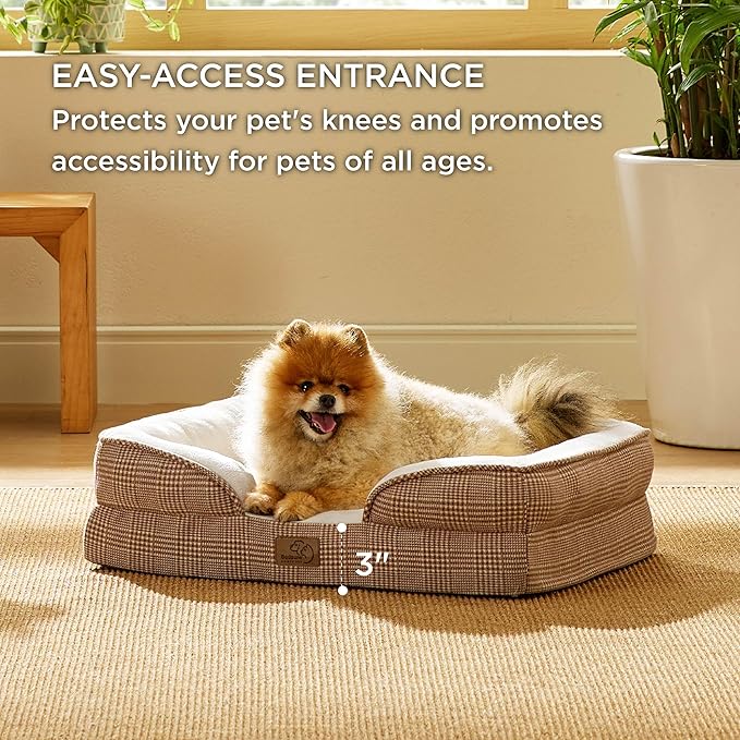 Bedsure Orthopedic Dog Beds for Small Dogs - Washable Small Dog Cat Bed Waterproof, Comfort Pet Couch Sofa with Washable Removable Cover, Pets Bed with Nonskid Bottom, Plaid-Brown, 24"