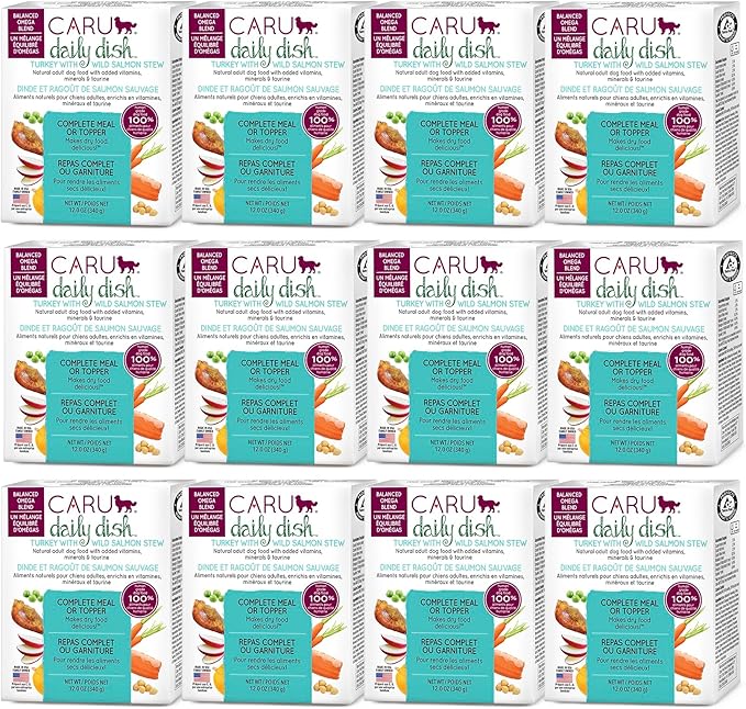 Caru Daily Dish Turkey with Wild Salmon Stew, Natural Adult Wet Dog Food with Real Chunks of Turkey & Wild Salmon, with Added Vitamins & Minerals, Non-GMO Ingredients (12.5 oz) - 12 Pack