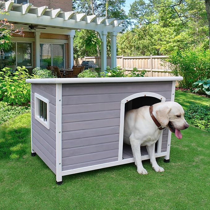 33.4" Dog Houses Outdoor Indoor, Weatherproof Dog Houses Outside with Window & Door Flap Cut Wooden Dog House, Clean & Assemble Easily-Gray
