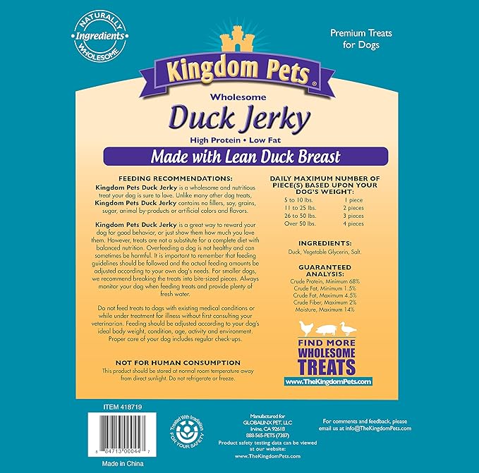 Duck Jerky Dog Treats with Only 3 Ingredients and No Fillers, 2.5 Pound Bag