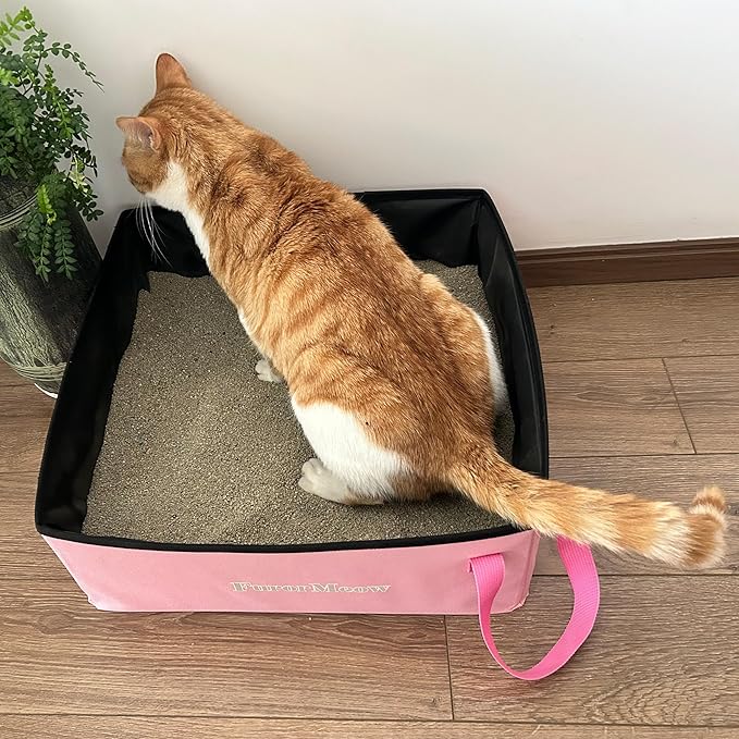 Pink Portable Cat Litter Box, Firm Waterproof Foldable for Travelling for Cats, Including Crinkle Ball, Poop Bags, Foldable Bowl and Scoop, 15.8x15.8x5.9 inches