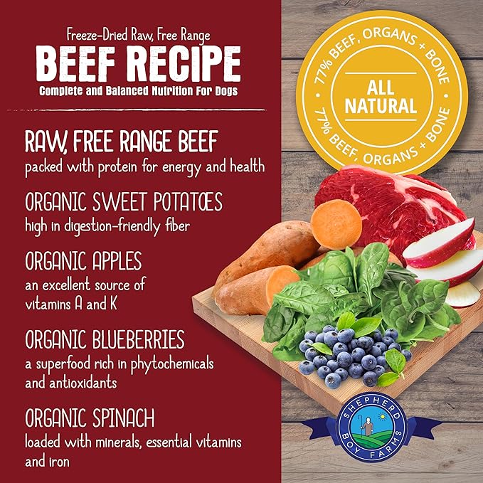 Freeze Dried Raw Dog Food, All Natural, No Synthetics, Made in USA with Goat's Milk & Organic Produce, High Protein, Complete Meal (14oz, Beef)