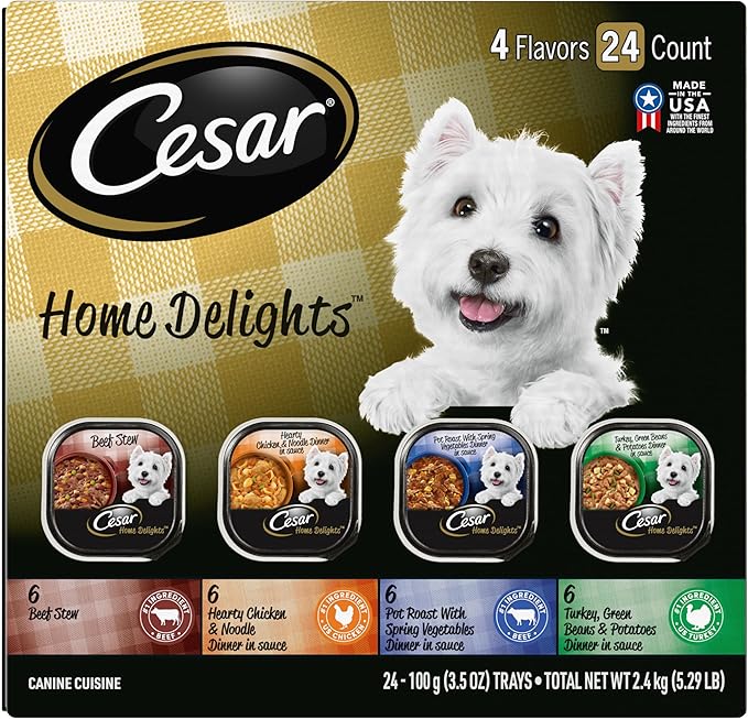 Cesar Home Delights Adult Wet Dog Food, Pot Roast with Spring Vegetables, Beef Stew, Turkey, Green Beans, & Potatoes, and Hearty Chicken & Noodle Variety Pack, 3.5 oz. (24 Count, Pack of 1)