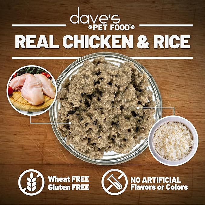 Dave's Pet Food Wet Canned Dog Food (Chicken & Rice), Made in USA Naturally Healthy with Added Vitamins & Minerals, Gluten Free Topper, 13.2 oz (12 Pack)
