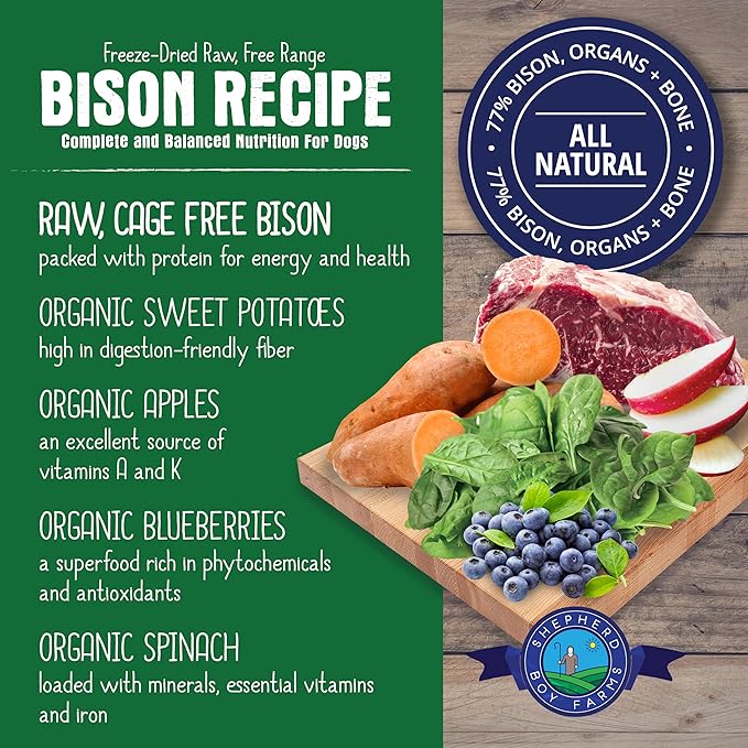 Freeze Dried Raw Dog Food, Bison Recipe, All Natural, No Synthetics, Made in USA with Goat's Milk & Organic Produce, High Protein, Complete Meal (14oz)