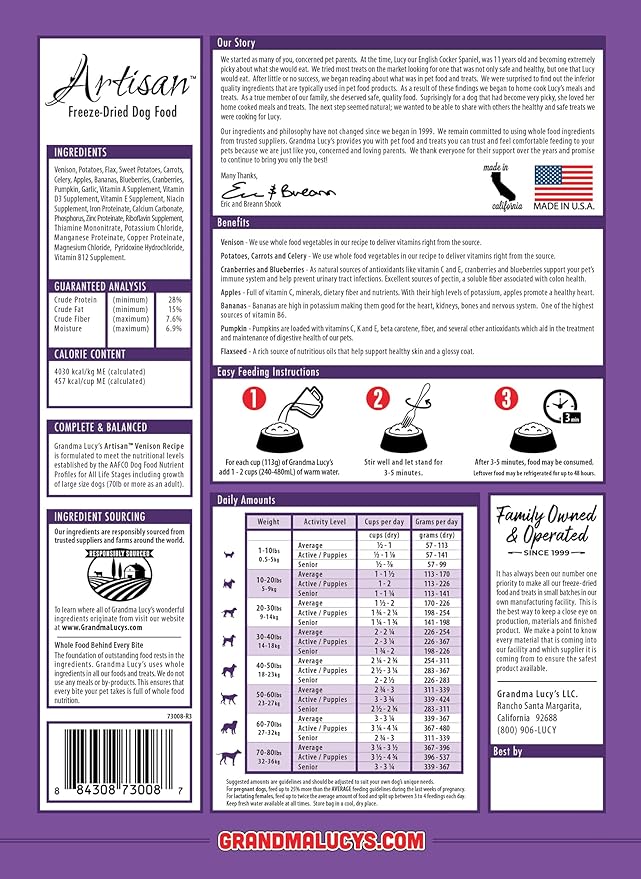 Grandma Lucy's Artisan Dog Food, Grain Free and Freeze-Dried - Artisan Venison, 3Lb Bag