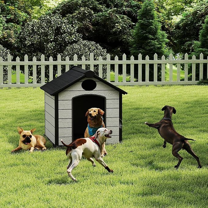 46" Large Dog House Outdoor Weatherproof, 3XL Big Dog House for 2 Large Dogs Outside, Insulated Igloo Pet House with Elevated Floor, Extra Durable Resin Plastic, 46Lx40Wx40H, Cemented Grey